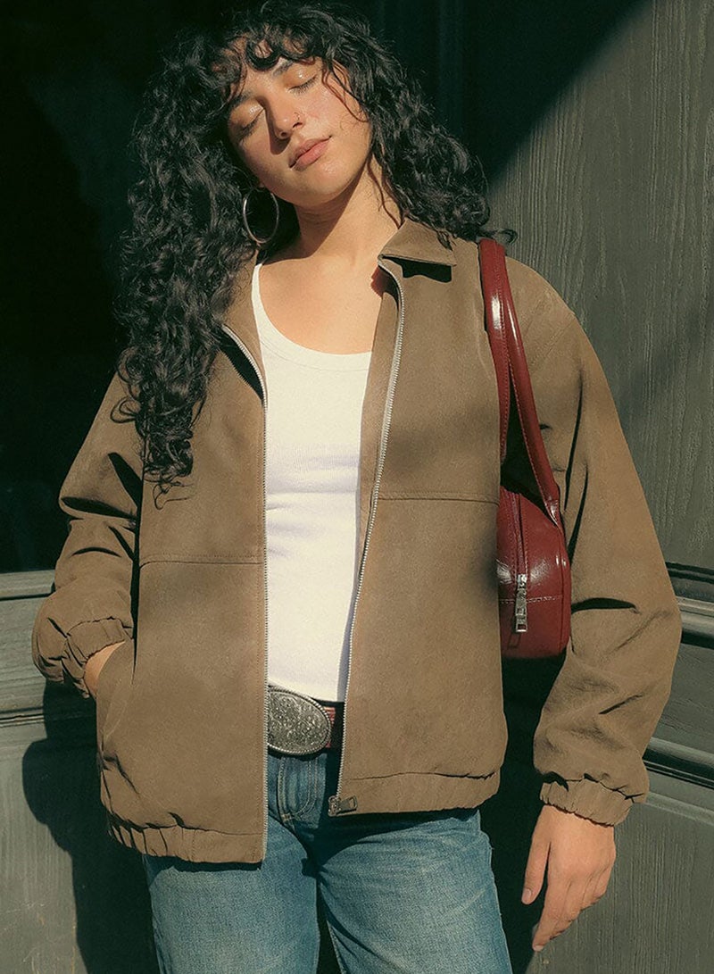 In Your Shoe Brown Embroidered Oversized Leather Jacket - Image 2